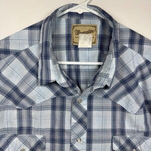 VTG Wrangler Western Shirt Mens Plaid Short Sleeve Pearl Snap Cowboy Blue Sz XXL